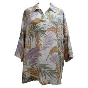 Women's TAHARI White Green Leaf Print Linen Tunic Top 2X